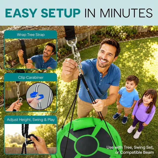 Alt view image 5 of 7 - SereneLife Saucer Swing, Tree Swing, 40 Inch, 900lb Heavy Duty Capacity for Kids, 900D Oxford Waterproof Seat, Adjustable Height Ropes, 2 Strap Tree Hang Kit, Center Swivel Spinner, Green