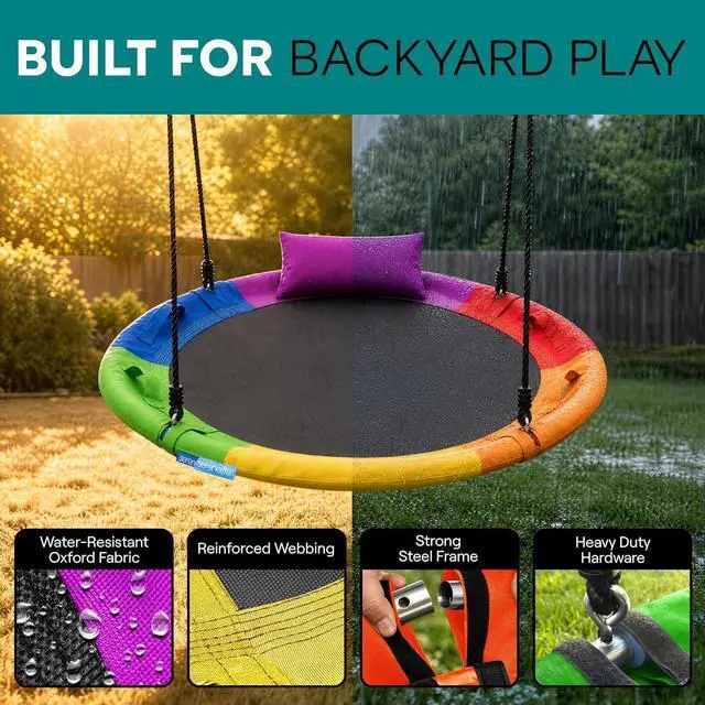 Alt view image 7 of 7 - SereneLife Saucer Swing, Tree Swing, 40 Inch, 900lb Heavy Duty Capacity for Kids, 900D Oxford Waterproof Seat, Adjustable Height Ropes, 2 Strap Tree Hang Kit, Center Swivel Spinner, Rainbow