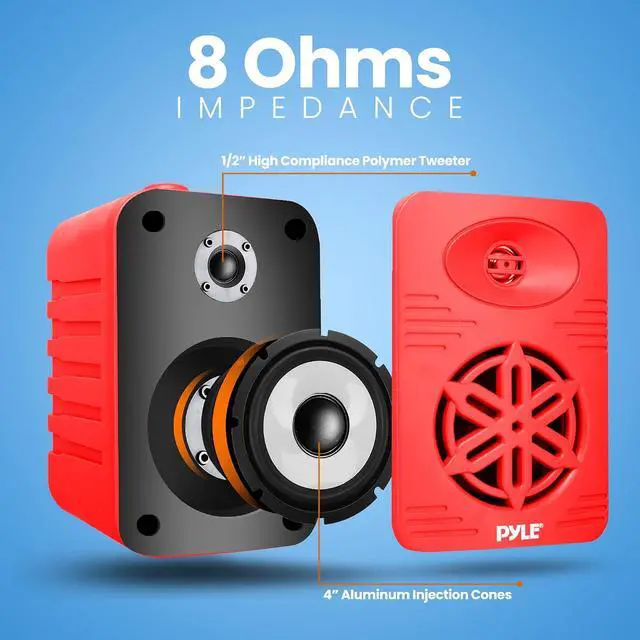 Alt view image 5 of 7 - PyleUsa Bluetooth Indoor Outdoor Speakers Pair - 300 Watt Dual Waterproof 4 2-Way Full Range Speaker System w/ 1/2 High Compliance Polymer Tweeter Home,Boat, Marine,Deck, Patio,Poolside - PDWRBT46RD
