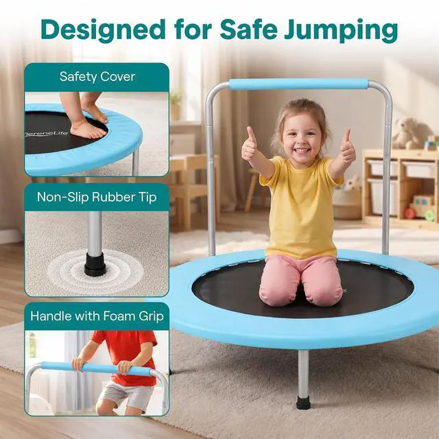 Alt view image 2 of 7 - SereneLife 36 Foldable Mini Trampoline for Kids - Compact Fitness Rebounder with Foam Handle - Safe, Stable Exercise Trampoline with 330lbs Max Load for Indoor/Outdoor Active Play & Exercise