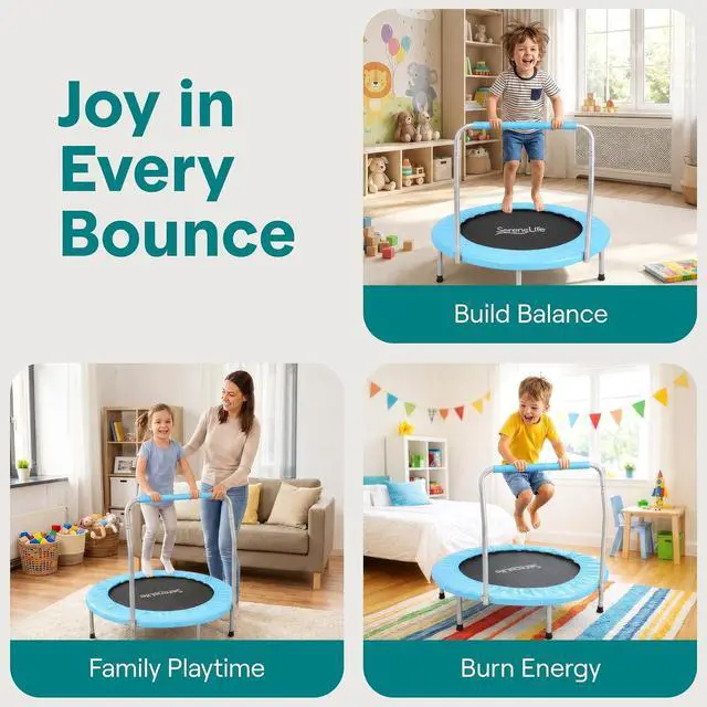 Alt view image 3 of 7 - SereneLife 36 Foldable Mini Trampoline for Kids - Compact Fitness Rebounder with Foam Handle - Safe, Stable Exercise Trampoline with 330lbs Max Load for Indoor/Outdoor Active Play & Exercise