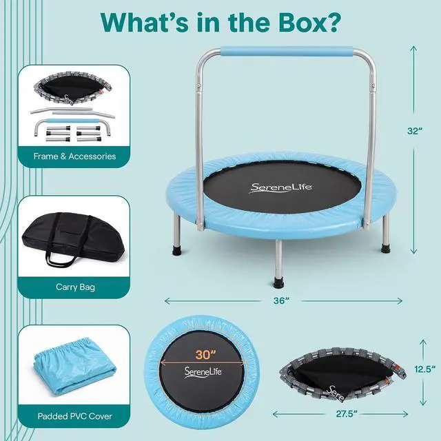 Alt view image 7 of 7 - SereneLife 36 Foldable Mini Trampoline for Kids - Compact Fitness Rebounder with Foam Handle - Safe, Stable Exercise Trampoline with 330lbs Max Load for Indoor/Outdoor Active Play & Exercise
