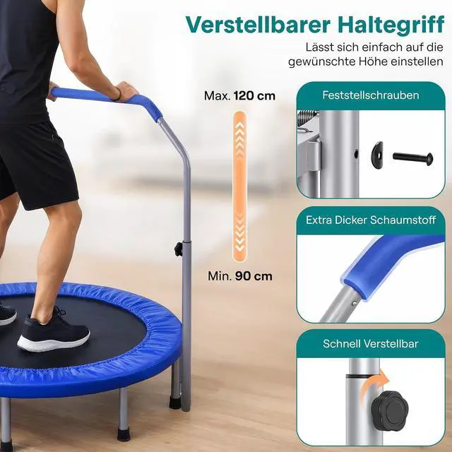 Alt view image 3 of 7 - SereneLife 40" Foldable Mini Trampoline for Adults - Compact Fitness Rebounder with Adjustable Foam Handle, Exercise Trampoline with Max Load 330lbs, Indoor/Garden Whole-Body Workout