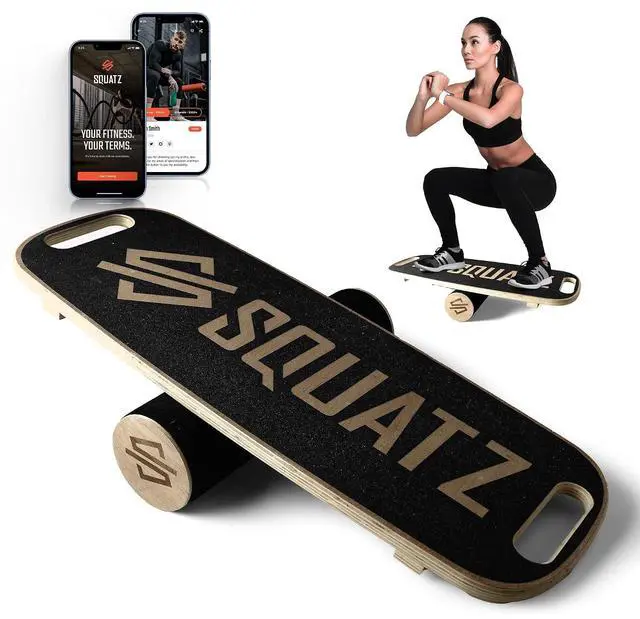 Main image of SQUATZ Wooden Balance Board, Standing Desk Anti Fatigue Mat Exercise Equipment with Ergonomic Design and Comfortable Non-Slip Surface, Wobble Board for Skateboard, Hockey, Snowboard, Black (SQDBB-1)