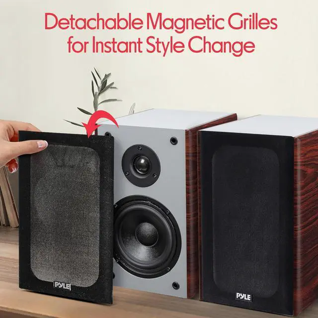 Alt view image 5 of 7 - Pyle 5.25 Wired Bookshelf Speakers Pair 2-Way HiFi Stereo Home Theater Speakers with Silk Dome Tweeter, Woven Woofer, Magnetic Grille and Wall Mount Brackets, Cherry Finish