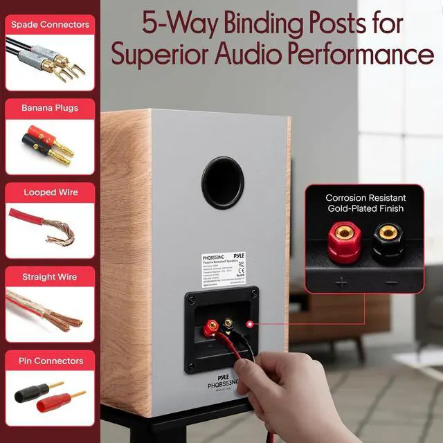 Alt view image 3 of 7 - Pyle 5.25" Home Audio Speakers, 2-Way Passive Bookshelf, 200W Max Power, 1" Silk Dome Tweeter, Composite Woofer, Gold Plated 5 Way Binding Post, Rubber Surrounds, Beautiful Wood Grain Finish - Pair
