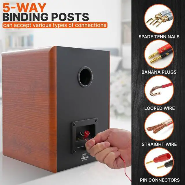 Alt view image 3 of 7 - Pyle 6.5" Home Audio Speakers, 2-Way Passive Bookshelf, 240W Max Power, 1" Silk Dome Tweeter, Composite Woofer, Gold Plated 5 Way Binding Post, Rubber Surrounds, Beautiful Wood Grain Finish - Pair