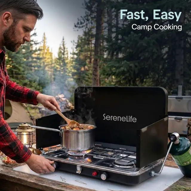 Alt view image 4 of 7 - Camping Stove 2 Burner Propane Portable Camp Stove 24,400 BTU with Wind Guards Adjustable Burners Push Button Ignition Compact Outdoor Cooking for Camping Tailgating and Backyard