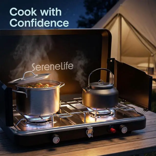 Alt view image 3 of 7 - Camping Stove 2 Burner Propane Portable Camp Stove 24,400 BTU with Wind Guards Adjustable Burners Push Button Ignition Compact Outdoor Cooking for Camping Tailgating and Backyard
