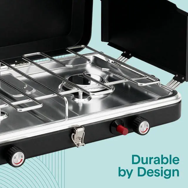 Alt view image 6 of 7 - Camping Stove 2 Burner Propane Portable Camp Stove 24,400 BTU with Wind Guards Adjustable Burners Push Button Ignition Compact Outdoor Cooking for Camping Tailgating and Backyard