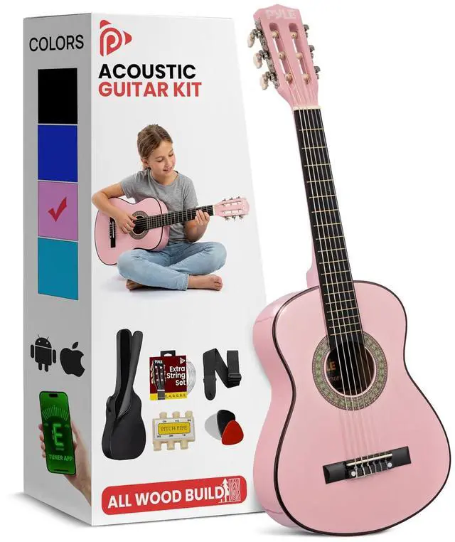 Main image of Pyle 30-Inch Beginner Acoustic Guitar Kit, 6-String Classical Style Travel Guitar for Kids & Adults - Includes Shoulder Strap, Strings, Picks, Tuning Pitch Pipe & Storage Gig Bag, Handcrafted Wood