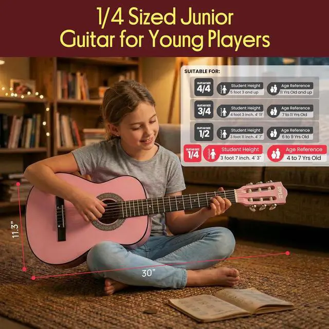 Alt view image 2 of 7 - Pyle 30-Inch Beginner Acoustic Guitar Kit, 6-String Classical Style Travel Guitar for Kids & Adults - Includes Shoulder Strap, Strings, Picks, Tuning Pitch Pipe & Storage Gig Bag, Handcrafted Wood