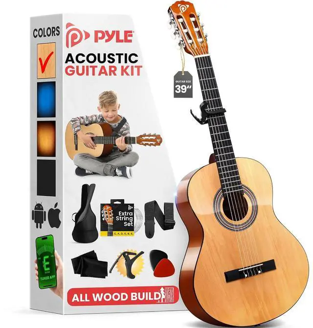 Main image of Pyle Classical Guitar Starter Kit - 39" 4/4th Size All Wood Instrument with Capo, Gig Bag, Strings, Strap, Right Picks (Natural Gloss)