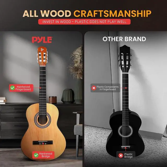 Alt view image 4 of 7 - Pyle Classical Guitar Starter Kit - 39" 4/4th Size All Wood Instrument with Capo, Gig Bag, Strings, Strap, Right Picks (Natural Gloss)
