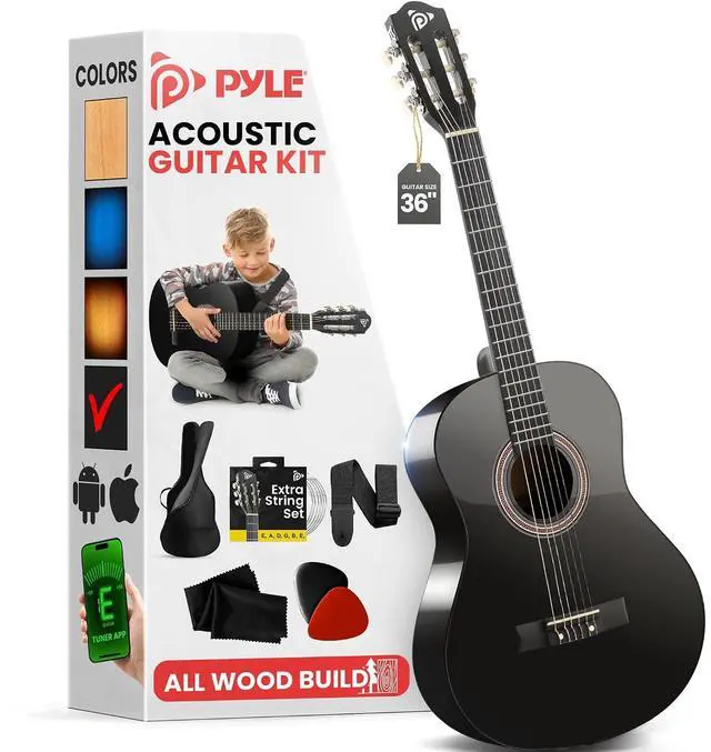 Main image of Pyle Beginner Acoustic Guitar Kit, 3/4 Junior Size All Wood Build Nylon String Instrument with Capo, Gig Bag, Strap, Extra String Set, Guitars for Beginners Adults and Youth, 36" Black Gloss