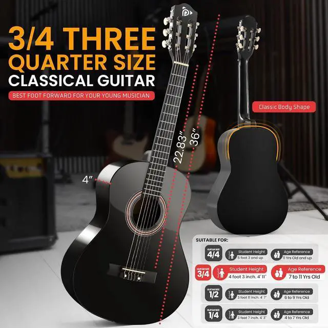Alt view image 3 of 7 - Pyle Beginner Acoustic Guitar Kit, 3/4 Junior Size All Wood Build Nylon String Instrument with Capo, Gig Bag, Strap, Extra String Set, Guitars for Beginners Adults and Youth, 36" Black Gloss