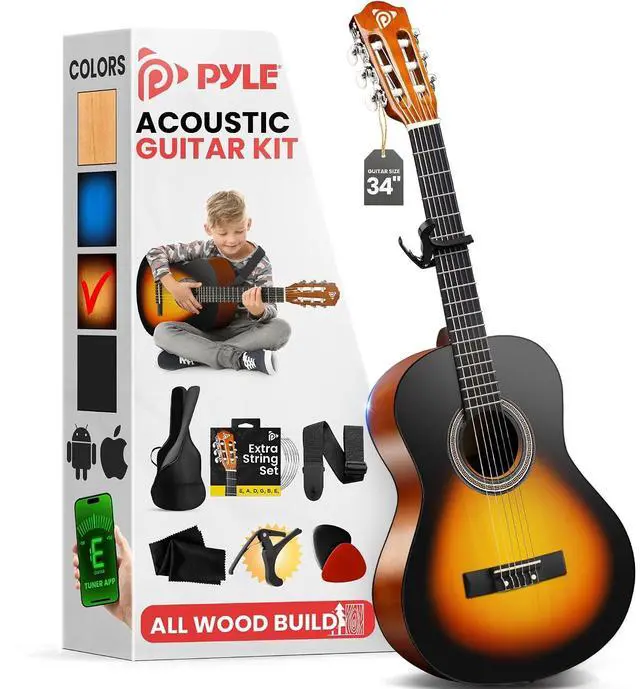 Main image of Pyle Classical Guitar Starter Kit - 34" 1/2 Size All Wood Instrument with Capo, Gig Bag, Strings, Strap, Picks (Sunburst)