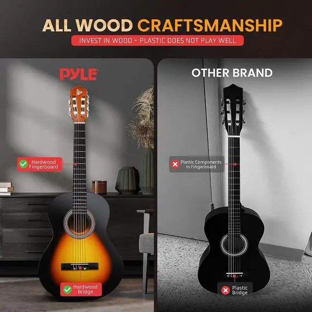 Alt view image 4 of 7 - Pyle Classical Guitar Starter Kit - 34" 1/2 Size All Wood Instrument with Capo, Gig Bag, Strings, Strap, Picks (Sunburst)