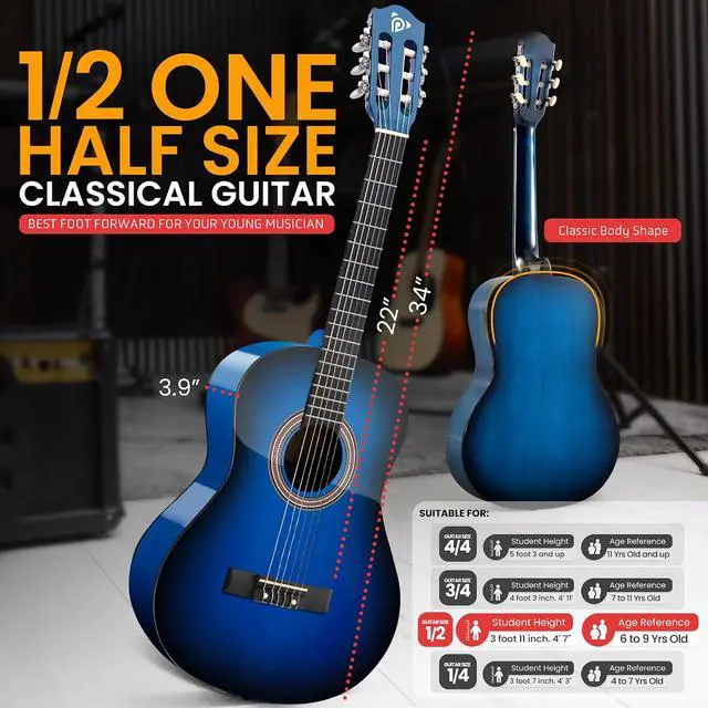 Alt view image 3 of 7 - Pyle Classical Guitar Starter Kit - 34" 1/2 Size All Wood Instrument with Capo, Gig Bag, Strings, Strap, Picks (Blue Gloss)