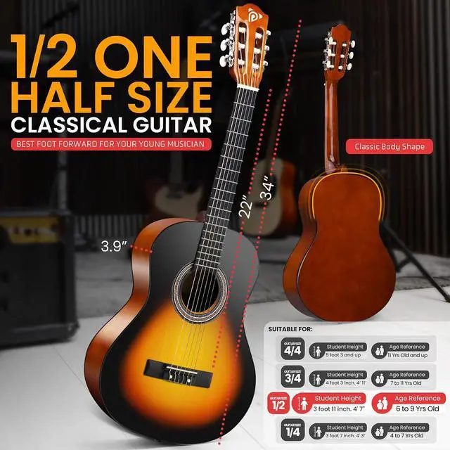 Alt view image 3 of 7 - Pyle Classical Guitar Starter Kit - 34" 1/2 Size All Wood Instrument with Capo, Gig Bag, Strings, Strap, Picks (Sunburst)