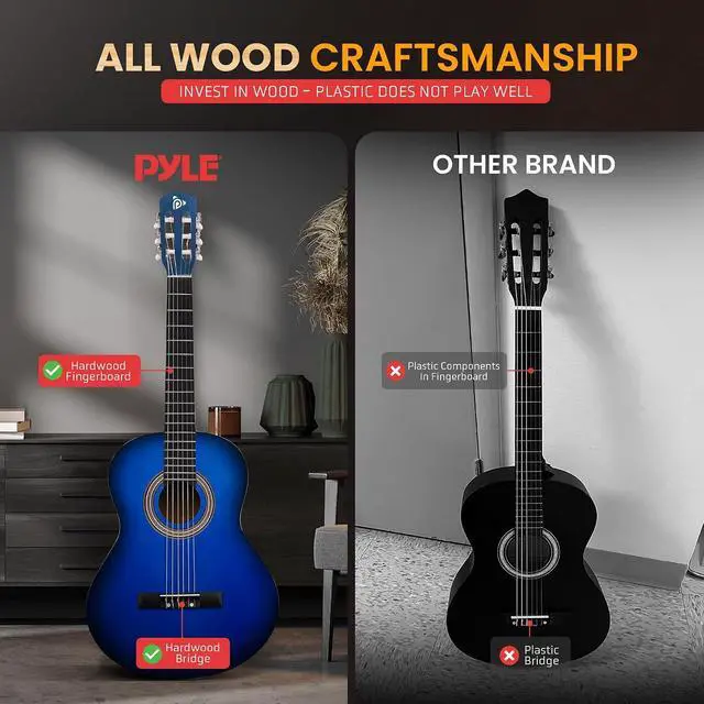 Alt view image 4 of 7 - Pyle Classical Guitar Starter Kit - 39" 4/4th Size All Wood Instrument with Capo, Gig Bag, Strings, Strap, Picks (Blue Gloss)