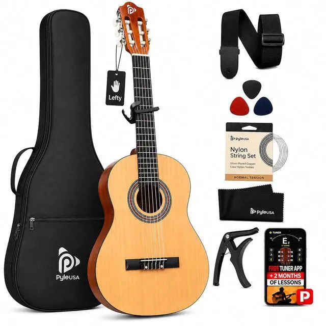 Main image of Pyle Left Handed Beginner Acoustic Guitar Kit, 30" 1/4 Junior Classical Nylon String Guitar, All Wood Build with Capo, Gig Bag, Strap, Picks & Extra Strings for Kids, Youth, New Players, Natural Gloss