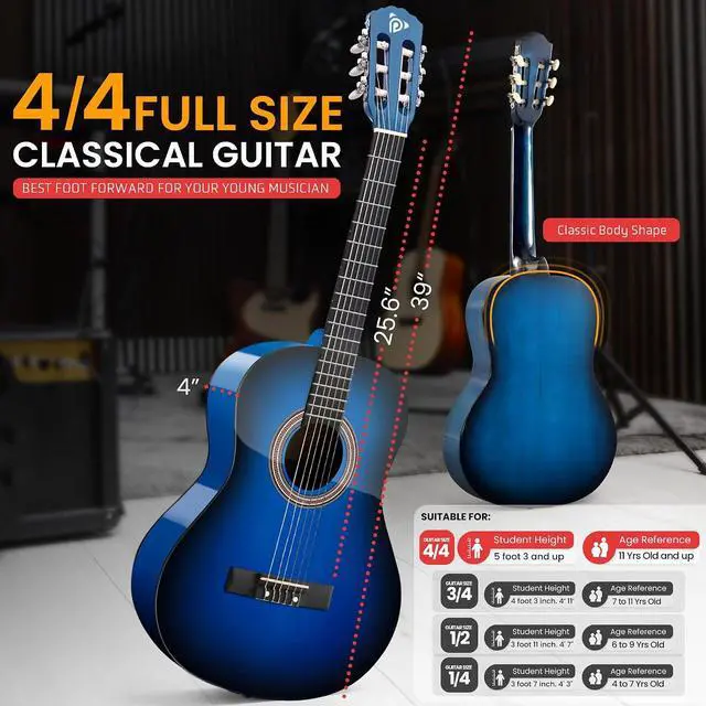 Alt view image 3 of 7 - Pyle Classical Guitar Starter Kit - 39" 4/4th Size All Wood Instrument with Capo, Gig Bag, Strings, Strap, Picks (Blue Gloss)