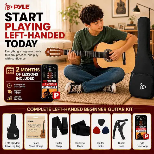Alt view image 2 of 6 - Pyle Left Handed Beginner Acoustic Guitar Kit, 30" 1/4 Junior Classical Nylon String Guitar, All Wood Build with Capo, Gig Bag, Strap, Picks & Extra Strings for Kids, Youth, New Players, Natural Gloss