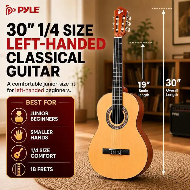 Alt view image 3 of 6 - Pyle Left Handed Beginner Acoustic Guitar Kit, 30" 1/4 Junior Classical Nylon String Guitar, All Wood Build with Capo, Gig Bag, Strap, Picks & Extra Strings for Kids, Youth, New Players, Natural Gloss