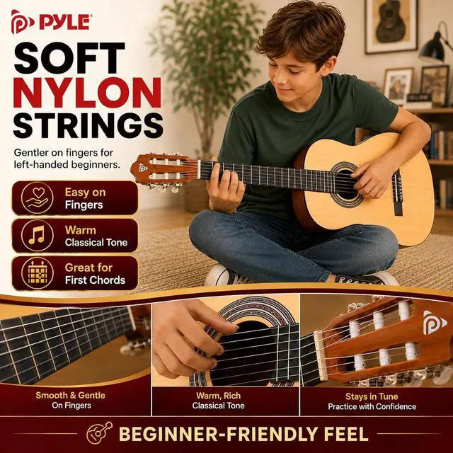 Alt view image 4 of 6 - Pyle Left Handed Beginner Acoustic Guitar Kit, 30" 1/4 Junior Classical Nylon String Guitar, All Wood Build with Capo, Gig Bag, Strap, Picks & Extra Strings for Kids, Youth, New Players, Natural Gloss