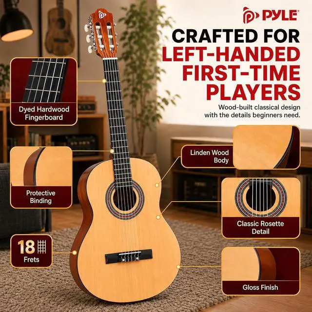 Alt view image 5 of 6 - Pyle Left Handed Beginner Acoustic Guitar Kit, 30" 1/4 Junior Classical Nylon String Guitar, All Wood Build with Capo, Gig Bag, Strap, Picks & Extra Strings for Kids, Youth, New Players, Natural Gloss