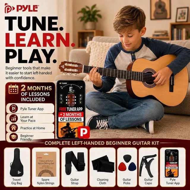 Alt view image 6 of 6 - Pyle Left Handed Beginner Acoustic Guitar Kit, 30" 1/4 Junior Classical Nylon String Guitar, All Wood Build with Capo, Gig Bag, Strap, Picks & Extra Strings for Kids, Youth, New Players, Natural Gloss