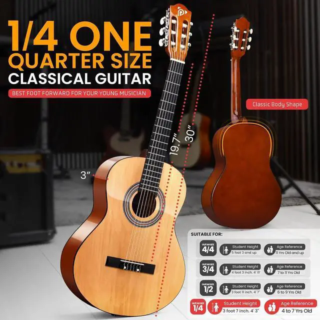 Alt view image 3 of 7 - Pyle Beginner Acoustic Guitar Kit, 1/4 Junior Size All Wood Build Nylon Stringed Instrument with Capo, Strap, Extra String Set, Gig Bag, Guitars for Beginners Adults Youth, 30" Natural Gloss