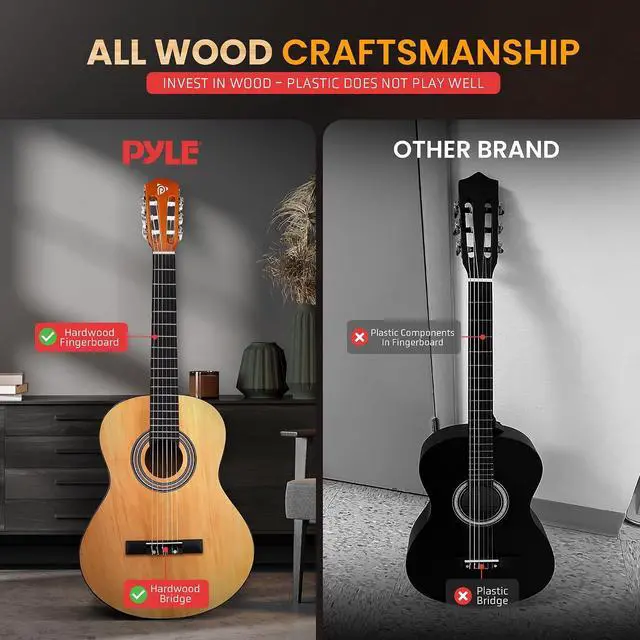 Alt view image 4 of 7 - Pyle Beginner Acoustic Guitar Kit, 1/4 Junior Size All Wood Build Nylon Stringed Instrument with Capo, Strap, Extra String Set, Gig Bag, Guitars for Beginners Adults Youth, 30" Natural Gloss