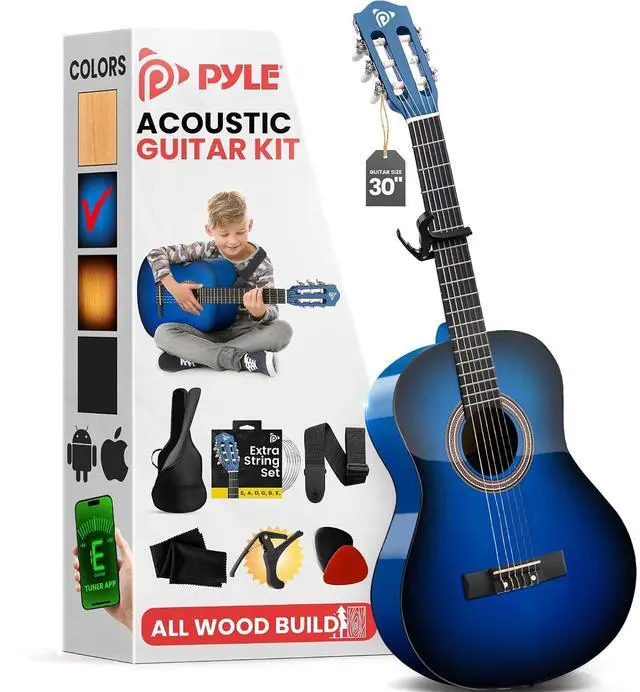 Main image of Pyle Classical Guitar Starter Kit - 30" 1/4th Size All Wood Instrument with Capo, Gig Bag, Strings, Strap, Picks Blue Gloss