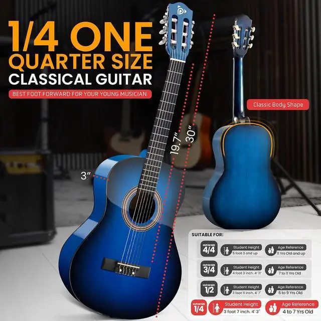 Alt view image 3 of 7 - Pyle Classical Guitar Starter Kit - 30" 1/4th Size All Wood Instrument with Capo, Gig Bag, Strings, Strap, Picks Blue Gloss