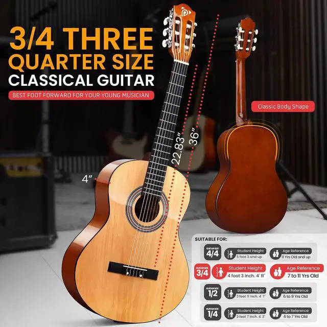 Alt view image 3 of 7 - Pyle Classical Guitar Starter Kit - 36" 3/4th Size All Wood Instrument with Capo, Gig Bag, Strings, Strap, Picks (Natural Gloss)