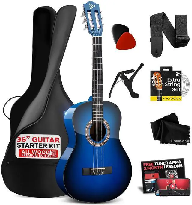 Main image of Pyle Beginner Acoustic Guitar Kit, 3/4 Junior Size All Wood Build Nylon String Instrument with Capo, Gig Bag, Strap, Extra String Set, Guitars for Beginners Adults and Youth, 36" Blue Gloss