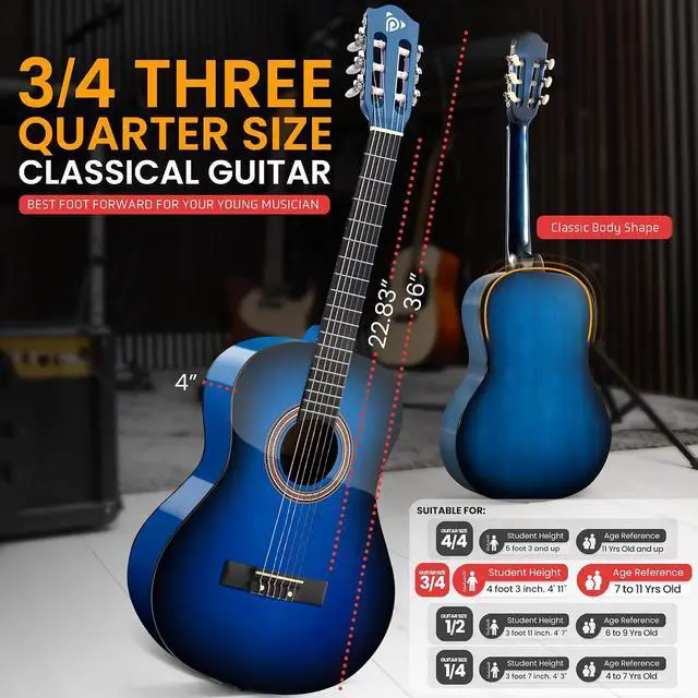 Alt view image 3 of 7 - Pyle Beginner Acoustic Guitar Kit, 3/4 Junior Size All Wood Build Nylon String Instrument with Capo, Gig Bag, Strap, Extra String Set, Guitars for Beginners Adults and Youth, 36" Blue Gloss
