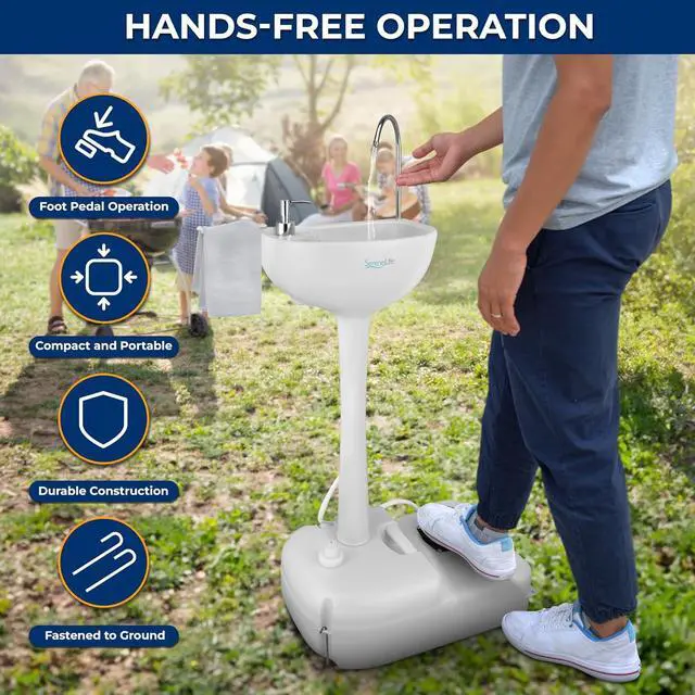 Alt view image 3 of 7 - SereneLife Portable Hand Washing Station, 100+ Hand Washes, Hands-Free Foot Pump, Soap Dispenser, and Drain Hose, Ideal for Outdoor Events, Camping, Boating and Worksites