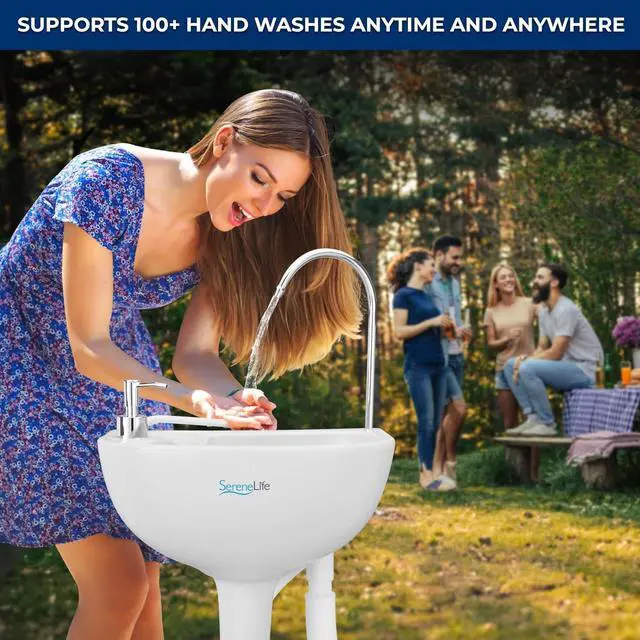 Alt view image 2 of 7 - SereneLife Portable Hand Washing Station, 100+ Hand Washes, Hands-Free Foot Pump, Soap Dispenser, and Drain Hose, Ideal for Outdoor Events, Camping, Boating and Worksites