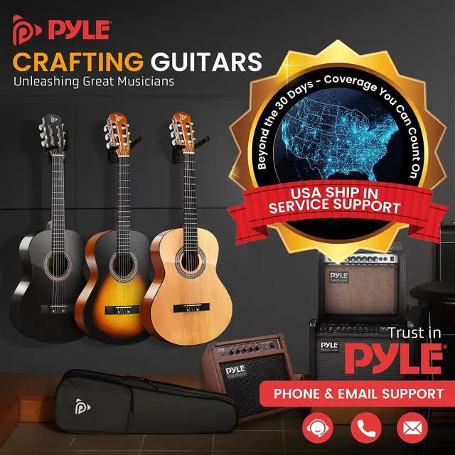 Alt view image 7 of 7 - Pyle Classical Guitar Starter Kit - 34" 1/2 Size All Wood Instrument with Capo, Gig Bag, Strings, Strap, Picks (Sunburst)