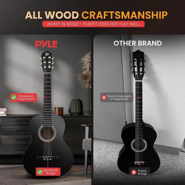 Alt view image 4 of 7 - Pyle Classical Guitar Starter Kit - 34" 1/2 Size All Wood Instrument with Capo, Gig Bag, Strings, Strap, Picks (Black Gloss)