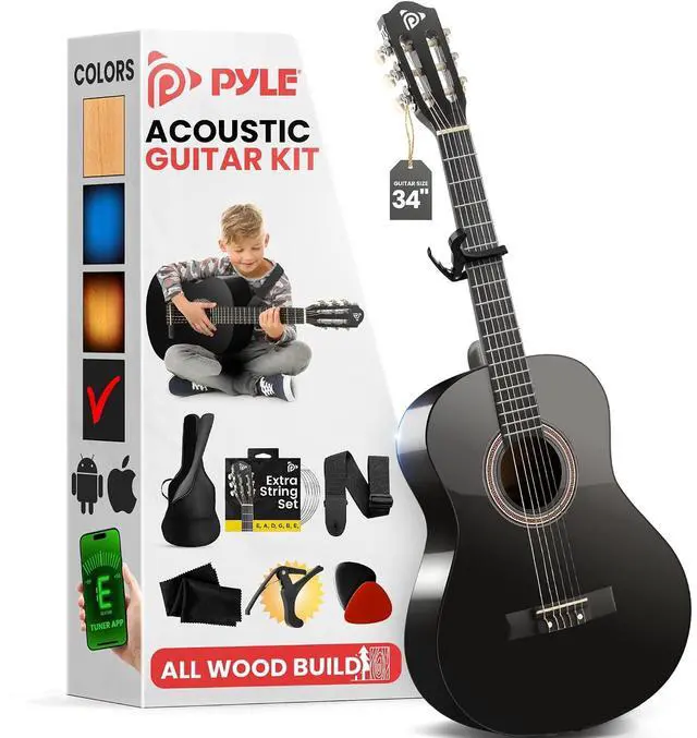 Main image of Pyle Classical Guitar Starter Kit - 34" 1/2 Size All Wood Instrument with Capo, Gig Bag, Strings, Strap, Picks (Black Gloss)