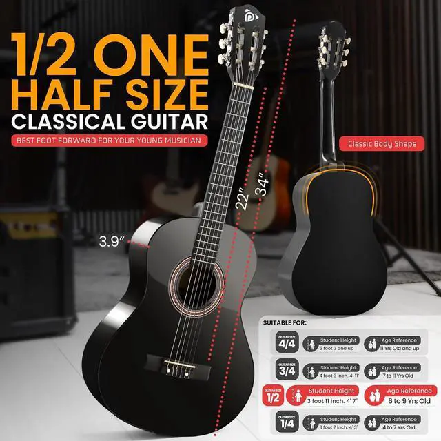 Alt view image 3 of 7 - Pyle Classical Guitar Starter Kit - 34" 1/2 Size All Wood Instrument with Capo, Gig Bag, Strings, Strap, Picks (Black Gloss)