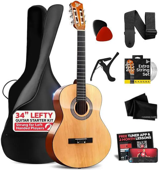 Main image of Pyle Left Handed Beginner Acoustic Guitar Kit, 1/2 Junior Size All Wood Build Nylon String Instrument with Capo, Strap, Extra String Set, Gig Bag, Guitars for Beginners Adults Youth, 34" Natural Gloss