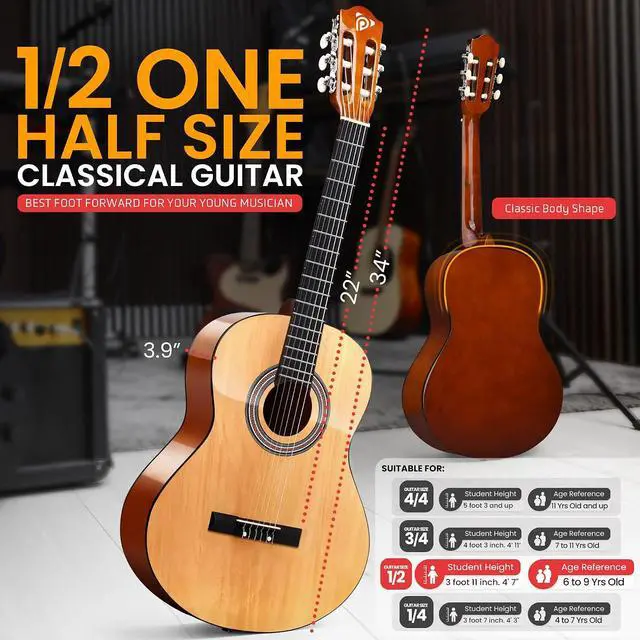 Alt view image 3 of 7 - Pyle Left Handed Beginner Acoustic Guitar Kit, 1/2 Junior Size All Wood Build Nylon String Instrument with Capo, Strap, Extra String Set, Gig Bag, Guitars for Beginners Adults Youth, 34" Natural Gloss
