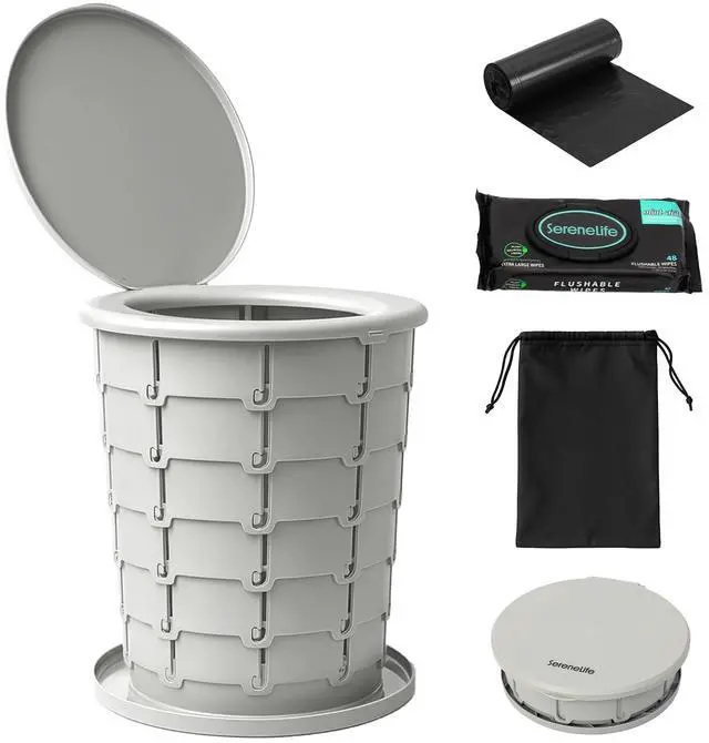 Main image of SereneLife Foldable Toilet Seat for Camping, Adjustable Height Portable Travel Potty with Lid, Carry Bag, Non-Slip Base, 331 lbs Capacity + 3-Pack Flushable Wipes, for Car, Hiking, Outdoor Use, Gray