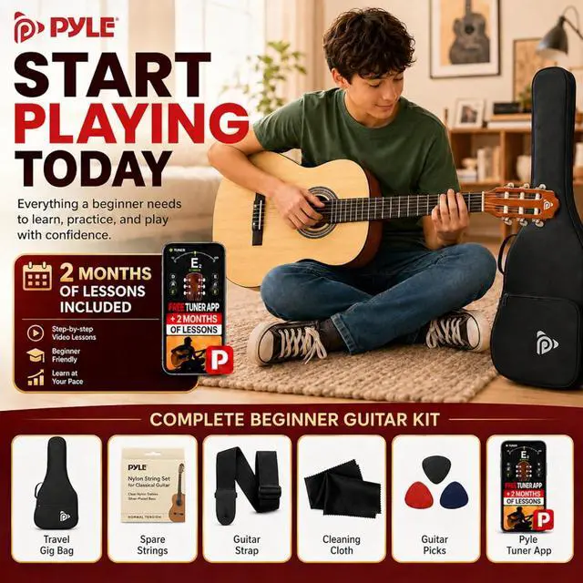Alt view image 2 of 6 - Pyle 36-Inch Beginner Classical Acoustic Guitar Kit, 3/4 Size Junior Nylon String Guitar for Kids and Adults, Includes Gig Bag, Strap, Spare Strings, Picks, Cleaning Cloth, 18 Frets, Natural, Gloss