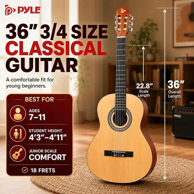 Alt view image 3 of 6 - Pyle 36-Inch Beginner Classical Acoustic Guitar Kit, 3/4 Size Junior Nylon String Guitar for Kids and Adults, Includes Gig Bag, Strap, Spare Strings, Picks, Cleaning Cloth, 18 Frets, Natural, Gloss